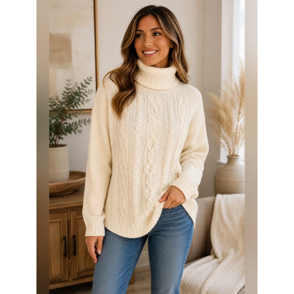By Design Ivory Cable Knit Turtleneck Sweater Womens Large Cream Chunky Knit